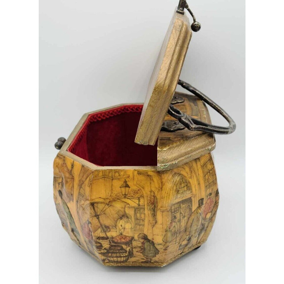 Vtg 1970s Artist Anton Pieck European Decoupage Wooden Box Red Velvet Lining - Picture 15 of 16